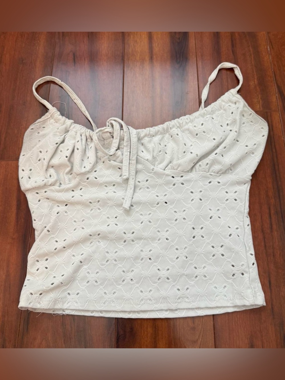 Women's Cream Eyelet Tie-Front Spaghetti Strap Tank